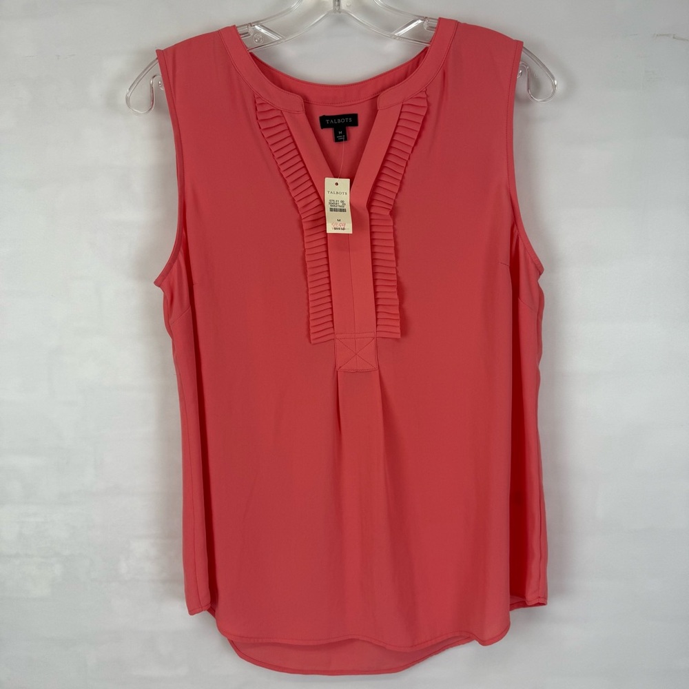 NEW Talbots Pleated Front Sleeveless Blouse Pink Size M Split Crew‎ Neckline